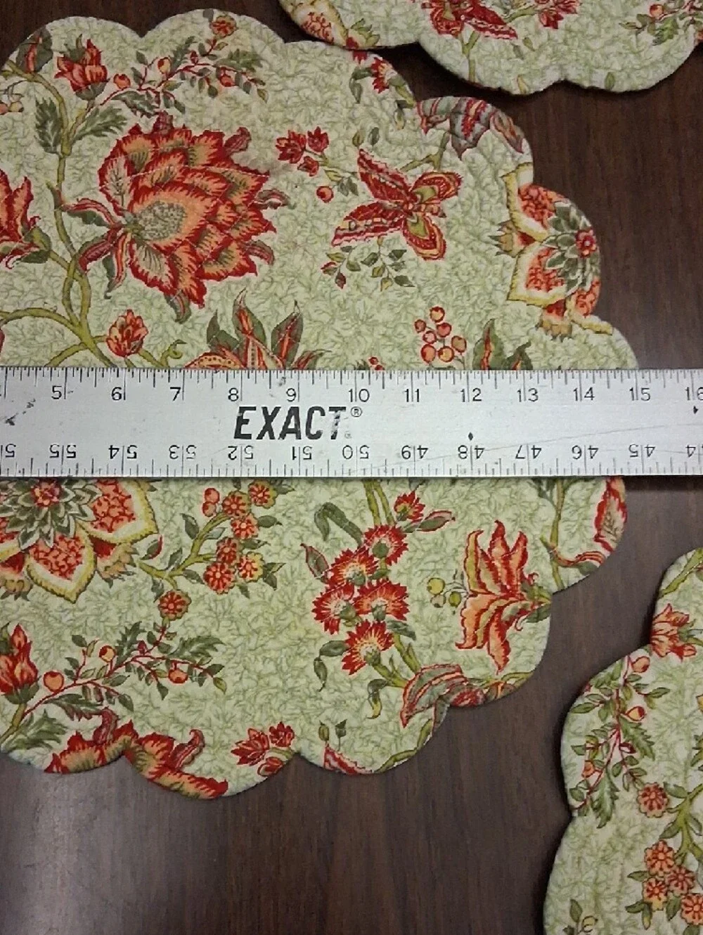 Quilted Floral Scalloped Placemats - Sage Green with Coral Accents (Set of 8)